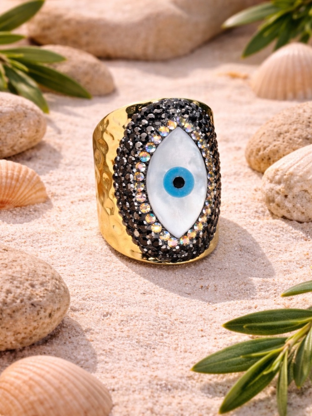 Gold-Tone Evil Eye Statement Ring with Blue Accent - Picture 2 of 3
